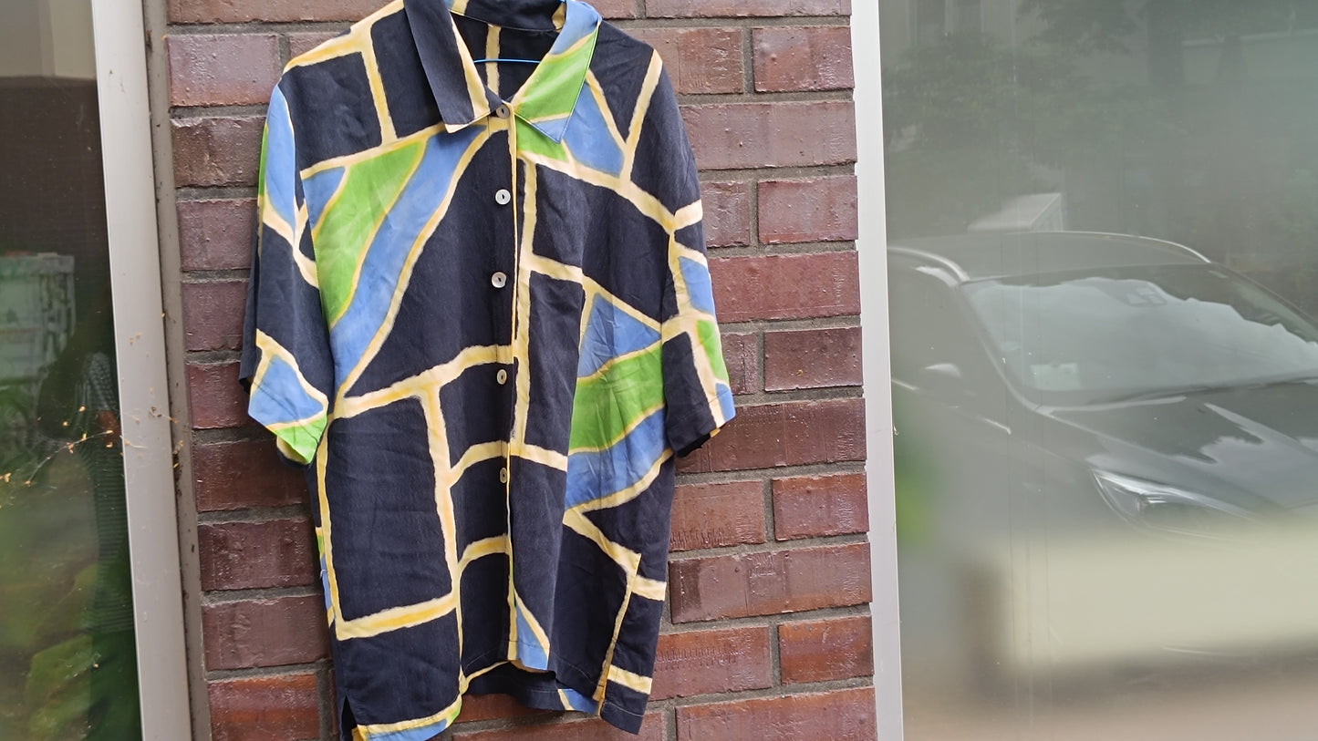 Vintage 90s Abstract Geometric Short Sleeve Blouse Rayon Festival Graphic Shirt