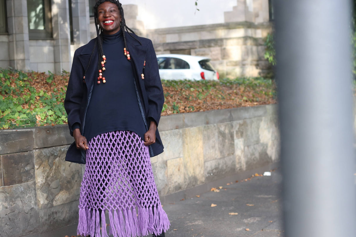 Vintage Purple Crochet Fringe Midi; Skirt | Open Knit Macrame Skirt S M