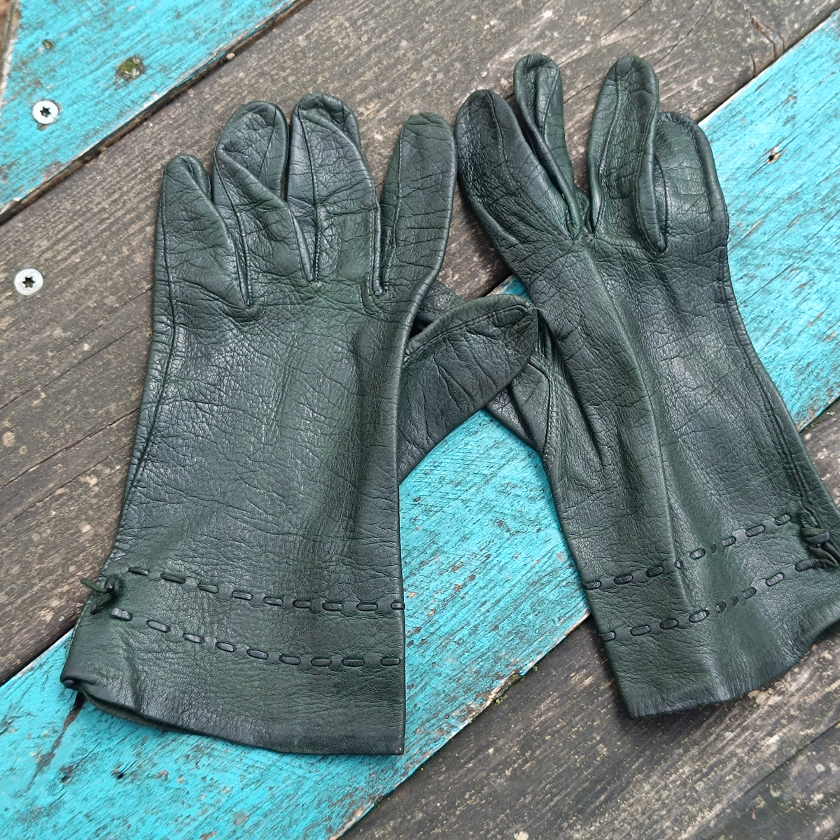 Vintage Leather Gloves | 80s Dark Green Stitching | Fits S