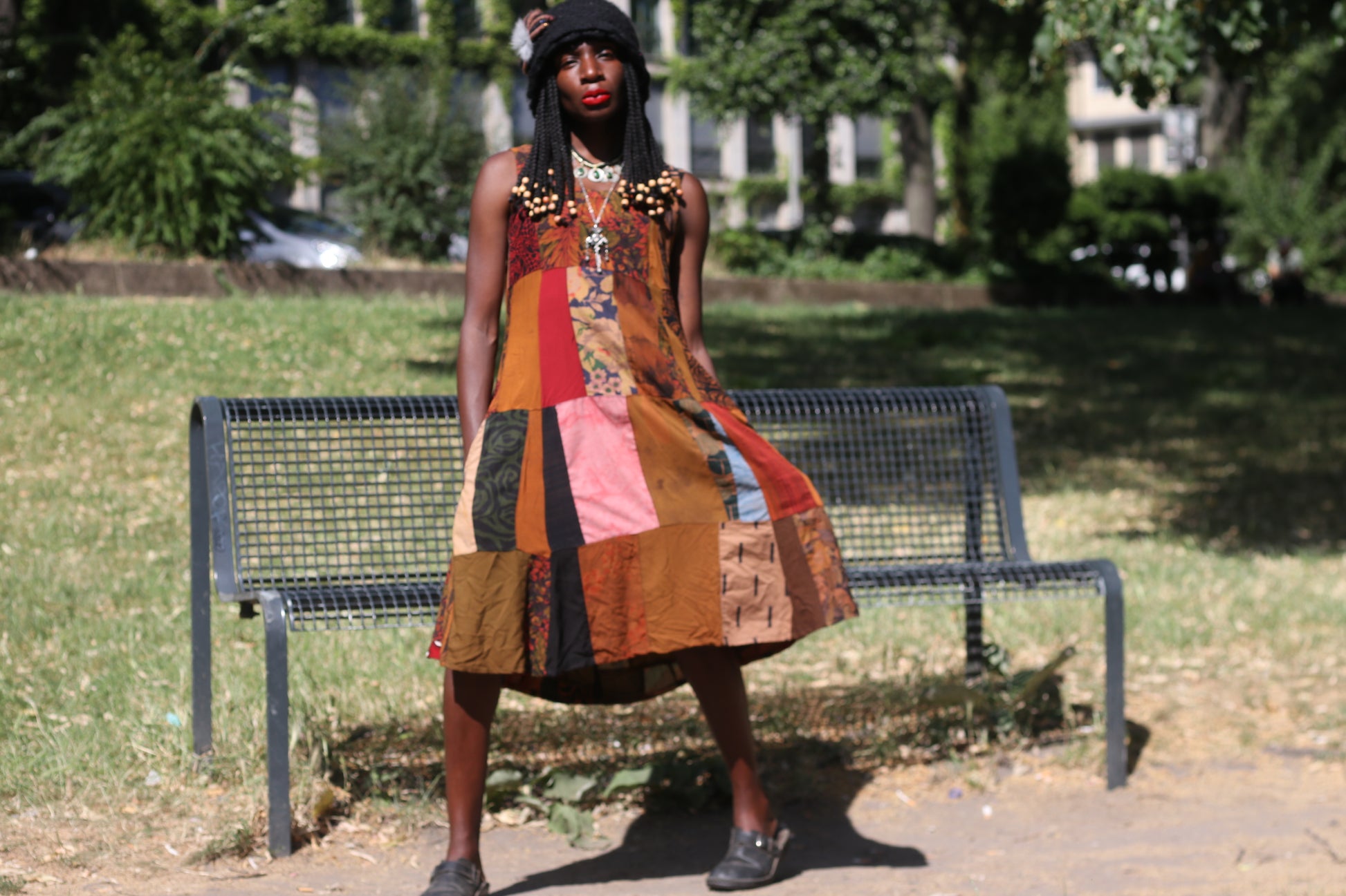 Vintage 90s Patchwork Dress Boho Earthy Midi Grunge Hippie Sleeveless Sundress