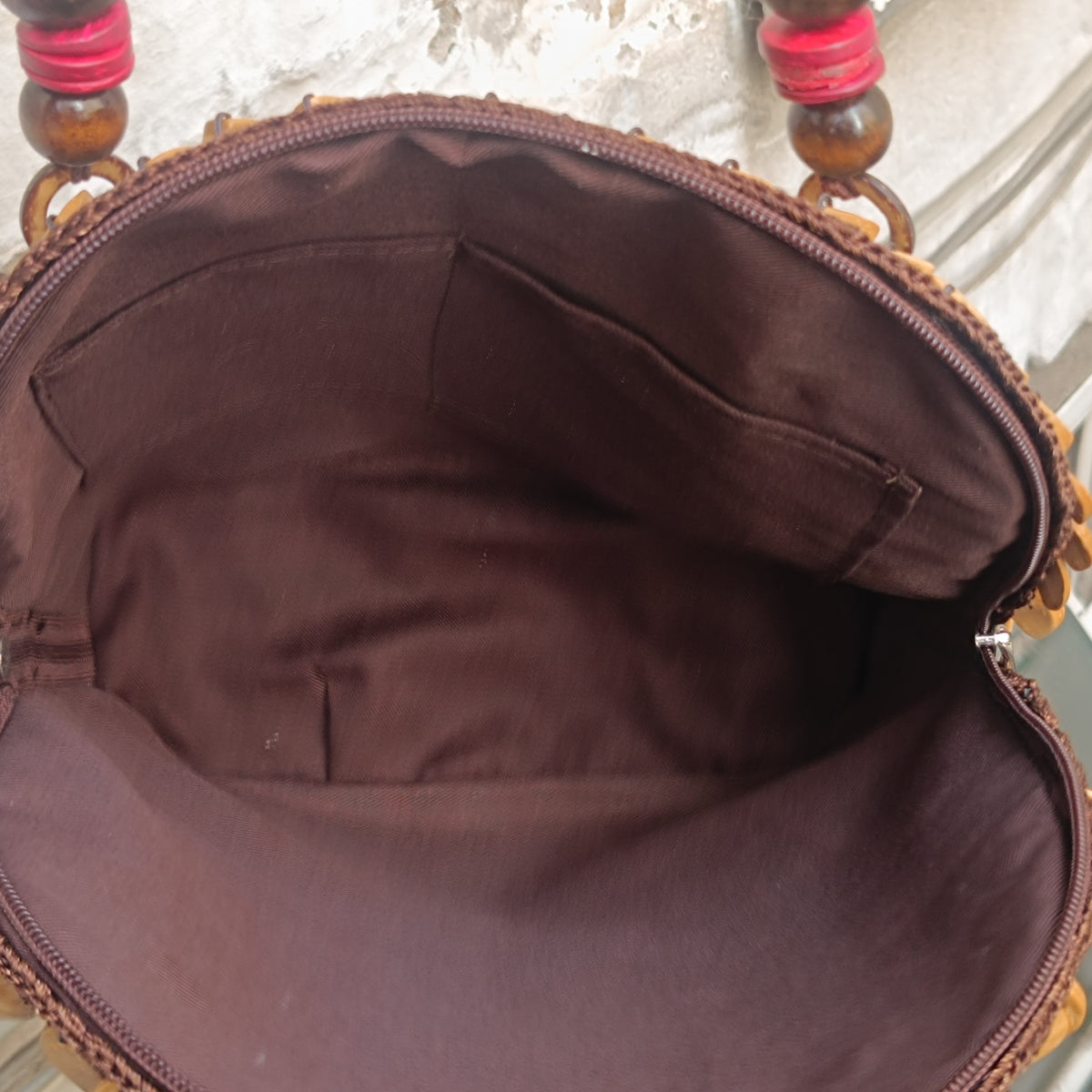 Coconut Shell Bag | Vintage 90s Boho Beaded Handbag | Natural Brown Red