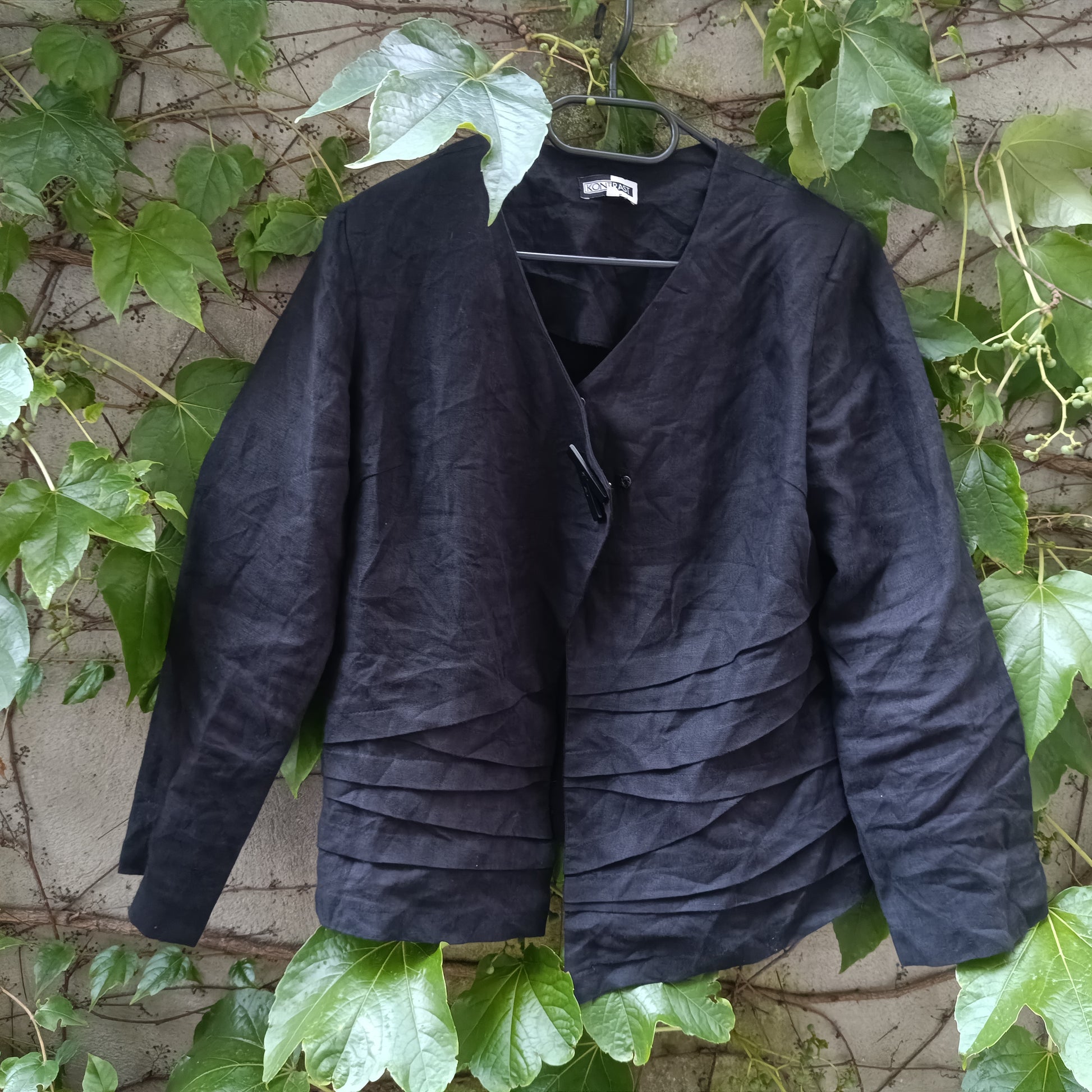 Linen Jacket 90s Minimalist Black Pleated Blazer Fits S EU 36
