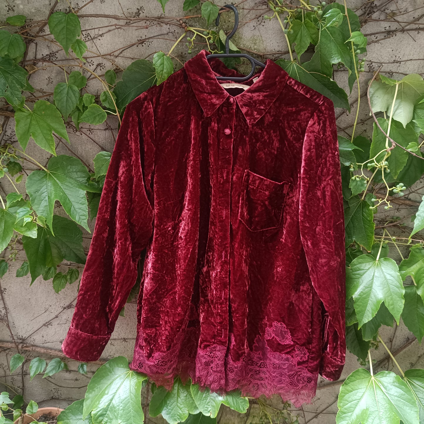  Vintage Gothic Red Velvet Top  | 90s Lace Hem Button Up S