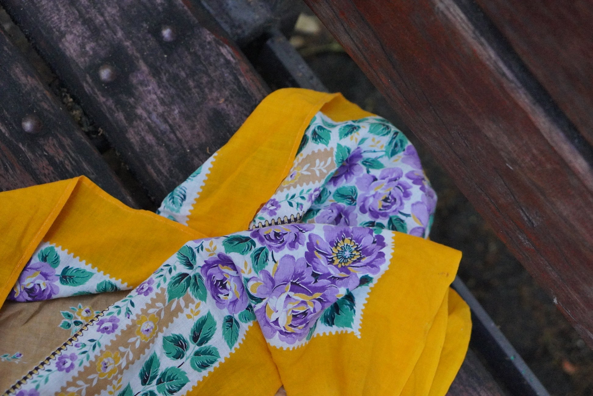 Vintage Floral Scarf Yellow Purple Rose Babushka Headscarf Cotton Square Bandana