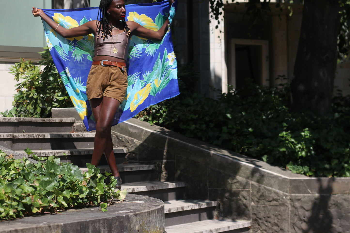 Vintage 1990s Tropical Floral Scarf - Blue Hibiscus Sarong Wrap