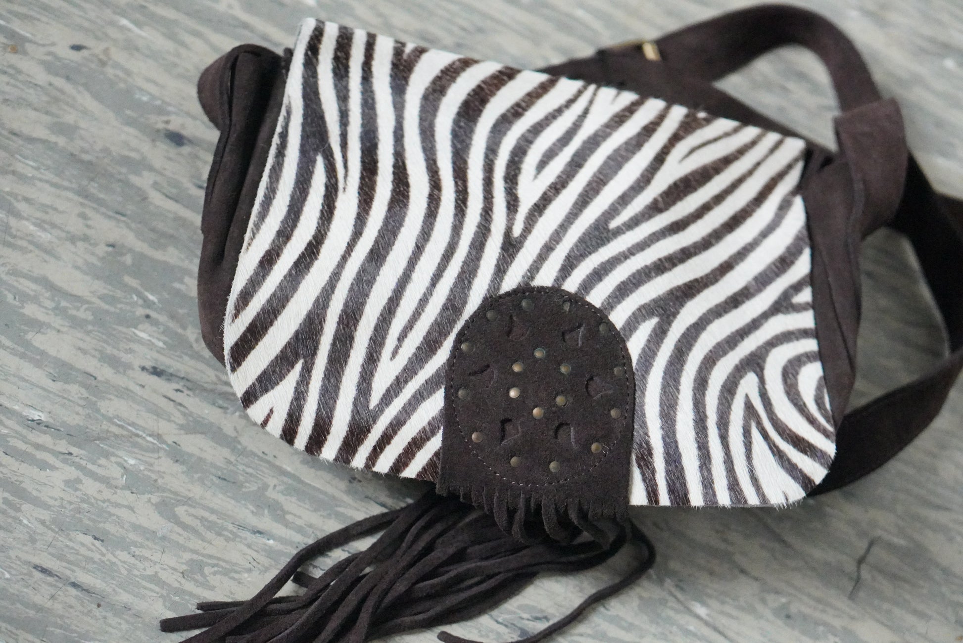Zebra Print Hair-On Crossbody Bag - Vintage Y2K Suede Fringe Purse