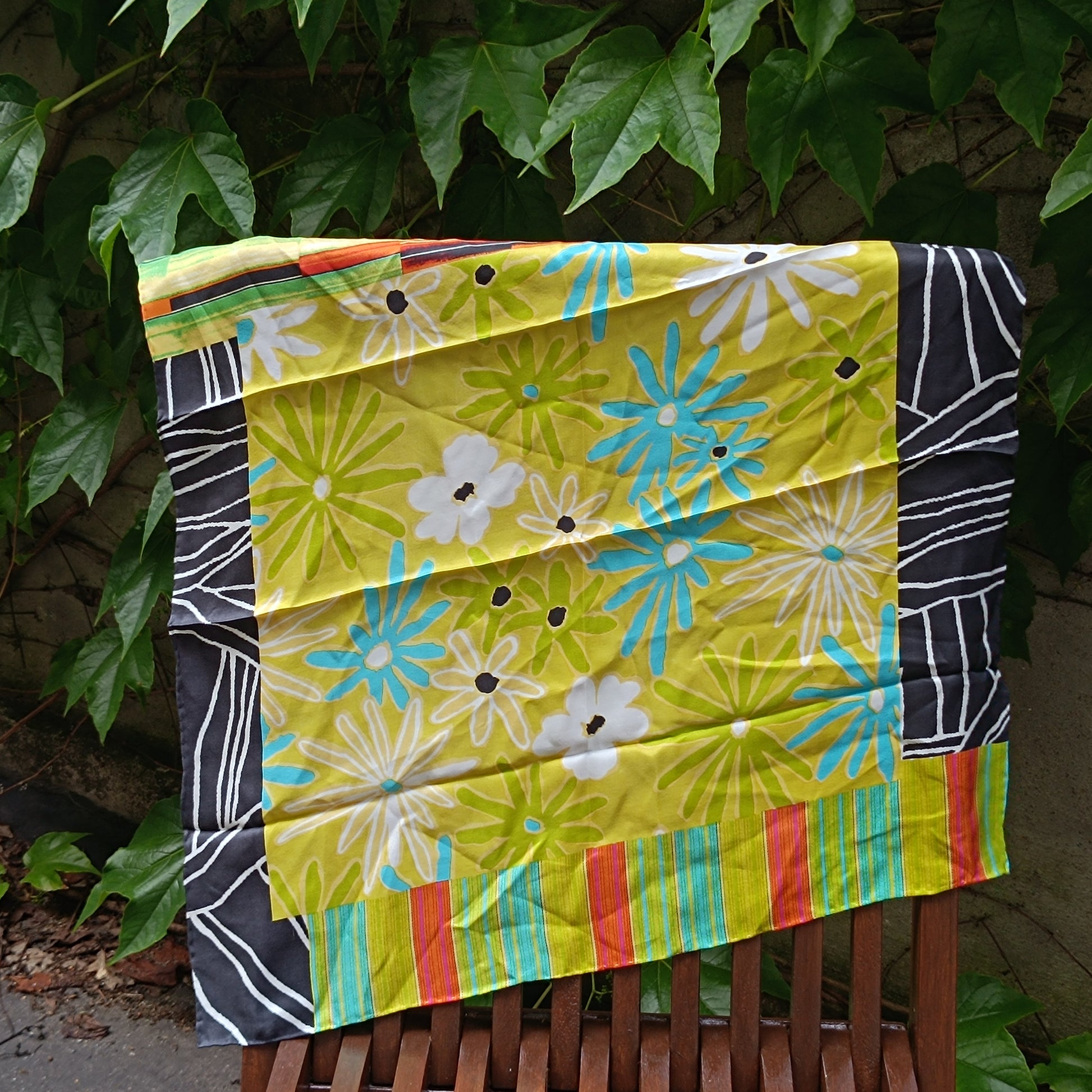 Vintage 60s Silk Scarf Flower Power Daisy Nicky Neckerchief Yellow Blue