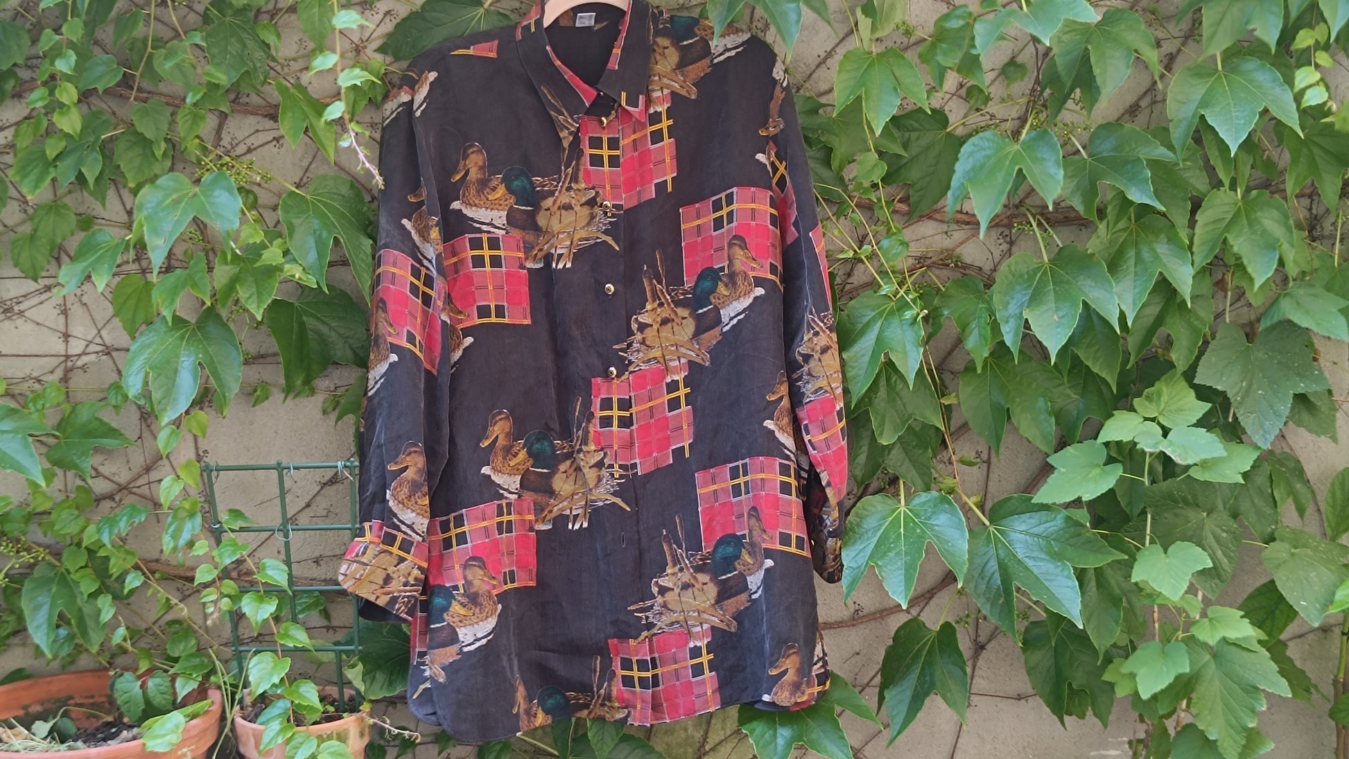 Vintage 90s Duck Pattern Shirt - Retro Plaid Button Up Blouse - L