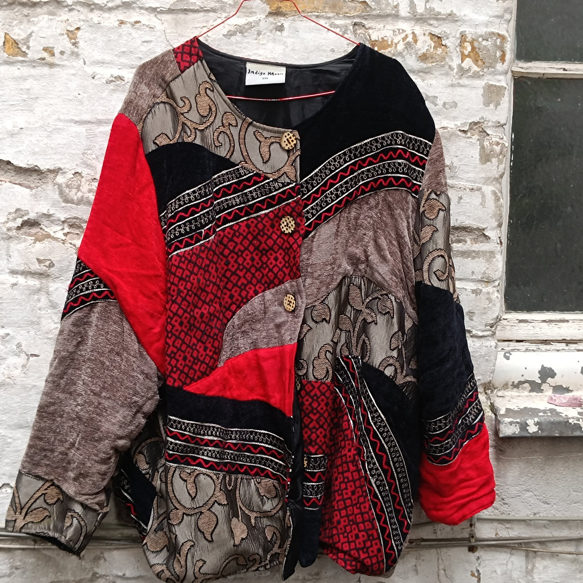 Vintage Patchwork Jacket - Y2K Boho Tapestry Coat Red Black | XXL