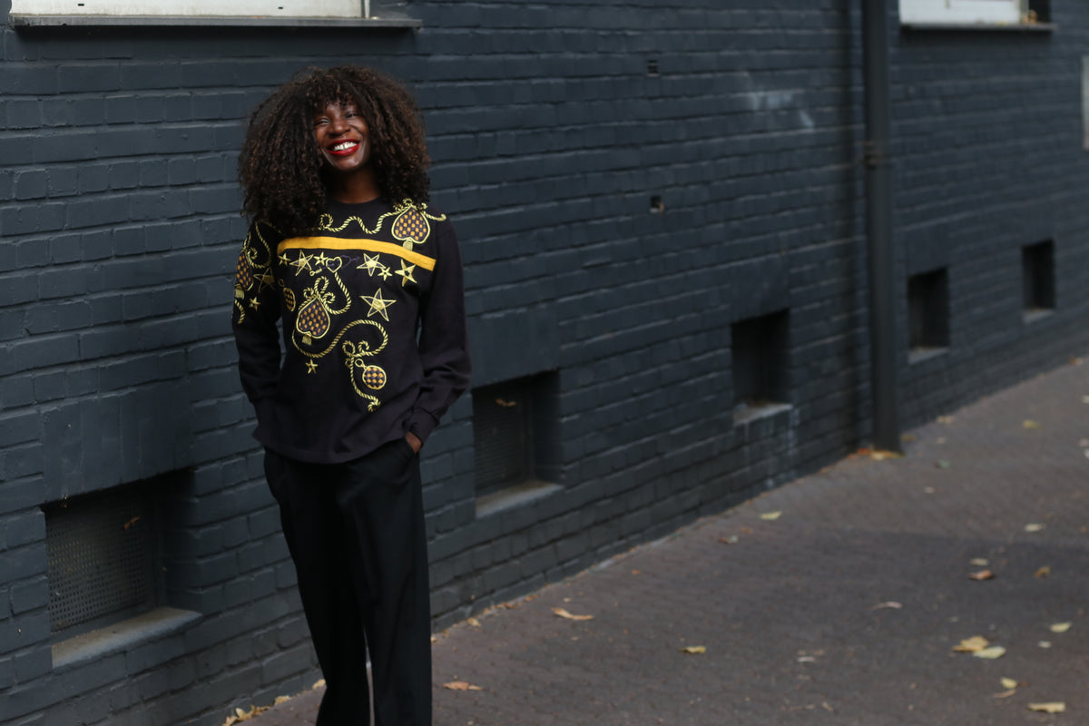 Vintage 80s Black Gold Embroidered Sweatshirt M | Nautical Graphic Jumper
