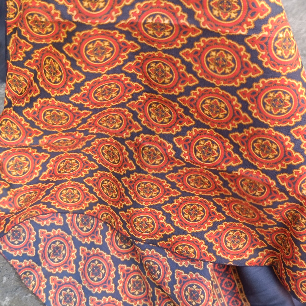 Vintage Silk Blend Scarf | Paisley Tile Wool Scarf | Navy Orange