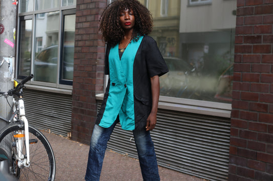 Vintage 80s Colorblock Short Sleeve Blazer Top | Turquoise Black M/L