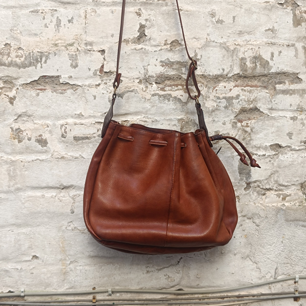 Vintage Cognac Leather Bucket Bag | 80s Drawstring Crossbody Purse