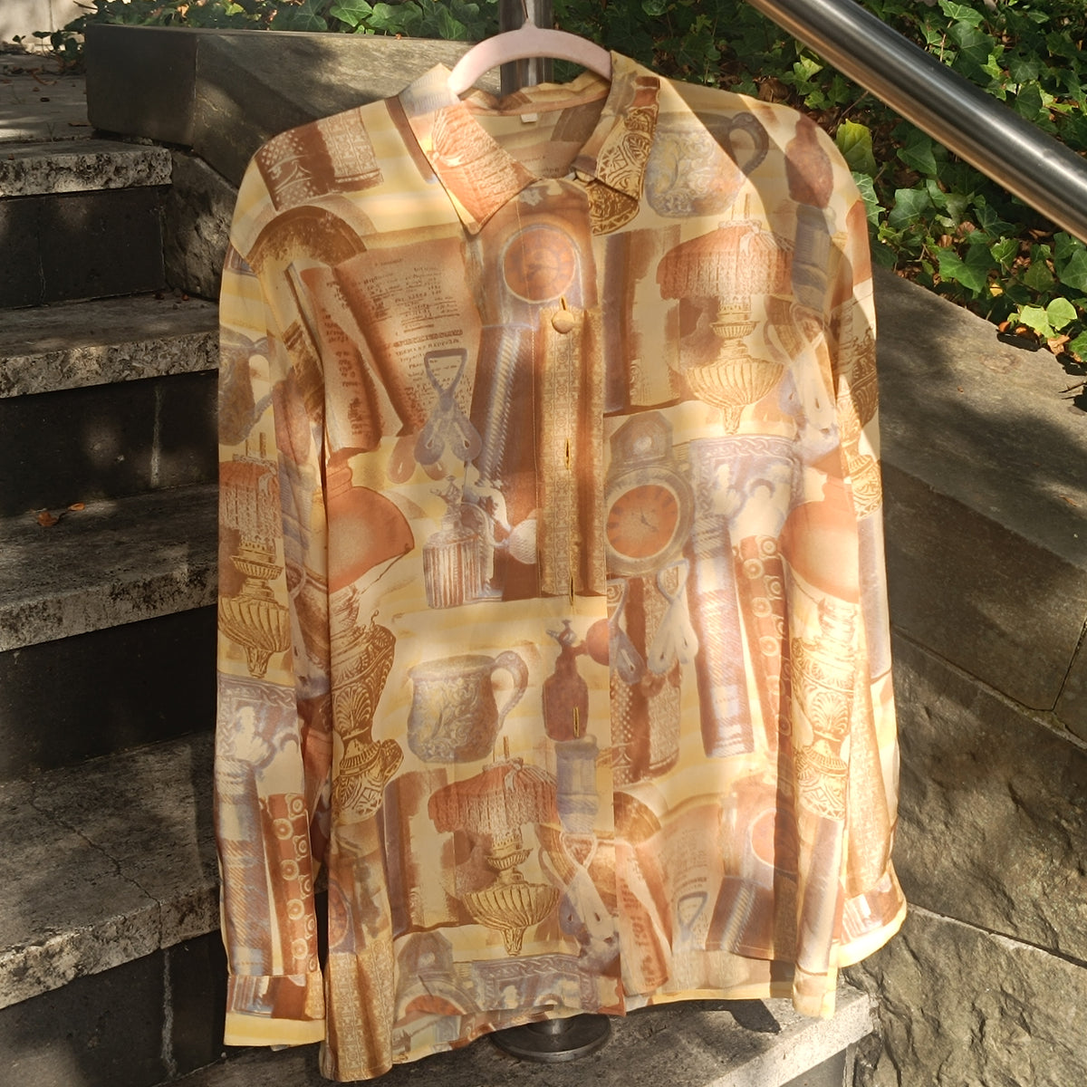 Vintage Silk Blend Blouse | 90s Sepia Antique Print Gold Shirt S/M