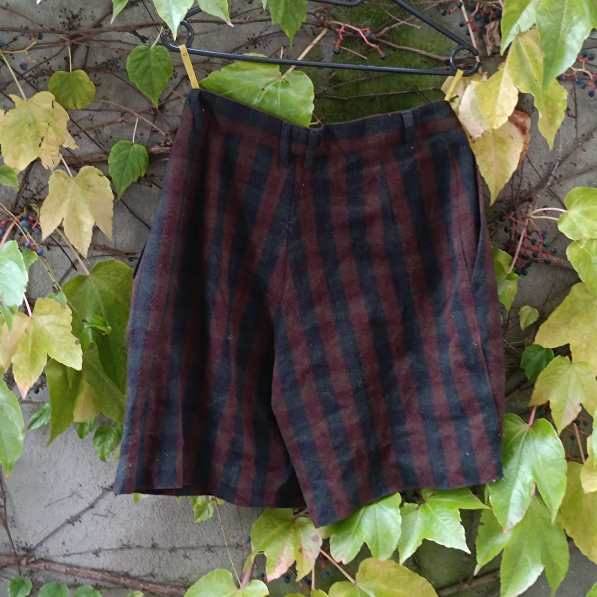 Wool Cashmere Shorts | Vintage 90s Striped Pleated Bermudas | Burgundy Dark Grey XS to S