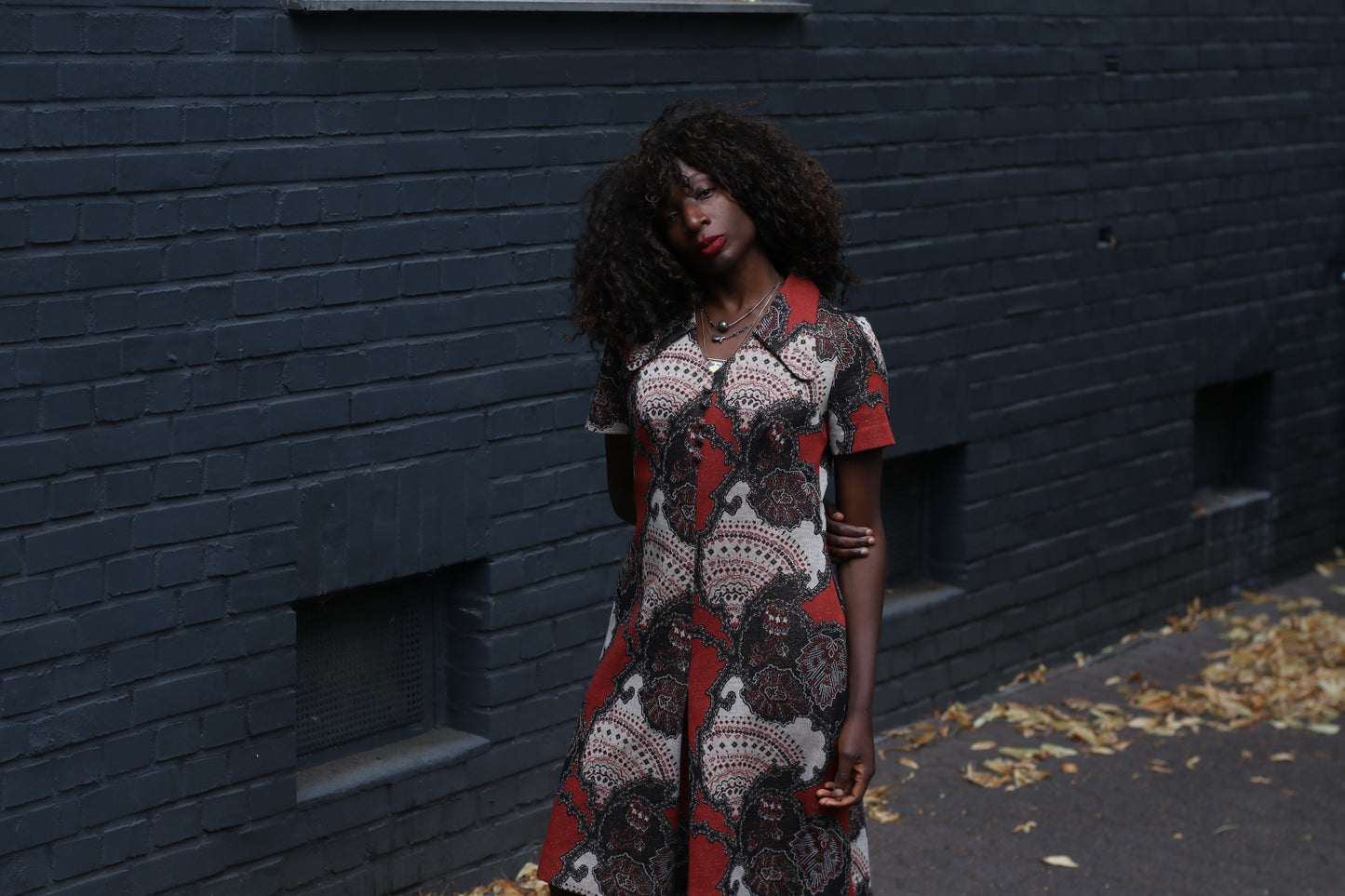 70s Paisley Mini Dress | Vintage Rust Brown A-Line Shift Dress M