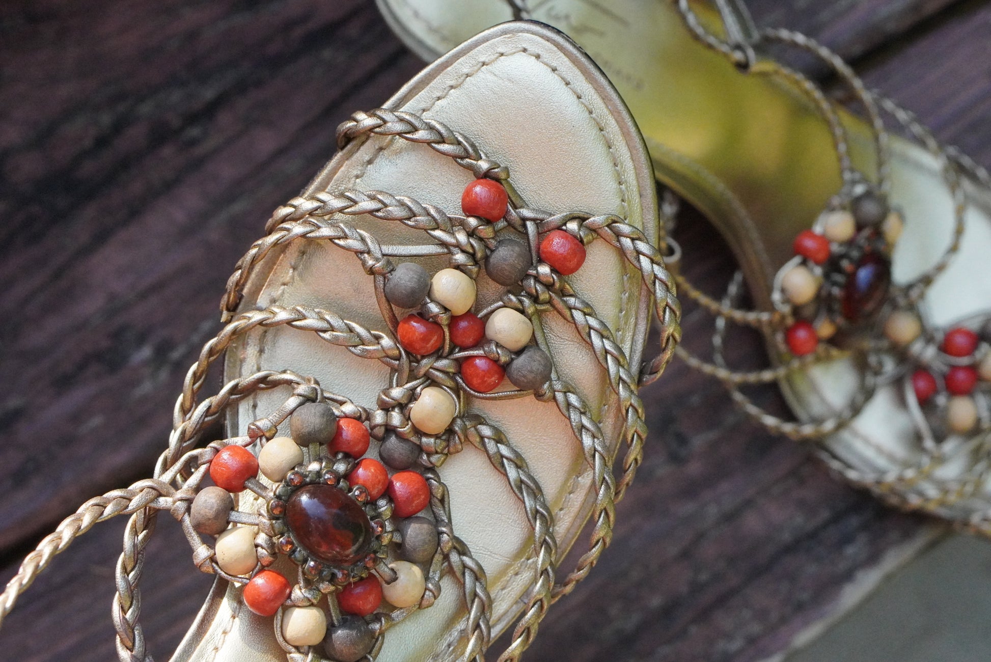 Arturo Chiang Vintage Y2K Gold Leather Beaded Heeled Sandals - Size US 7.5