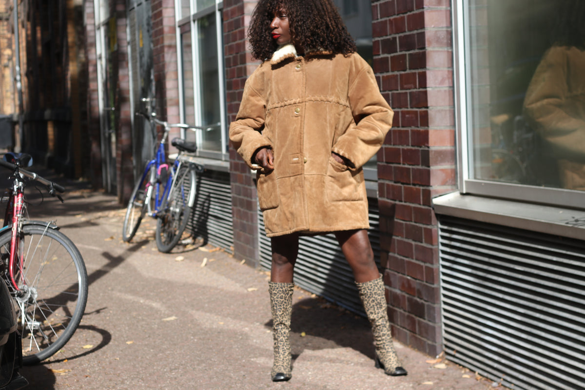 Vintage Wildleder Mantel Braun Lammfell-Optik Whipstitch Jacke Gr. M L 80s 90s