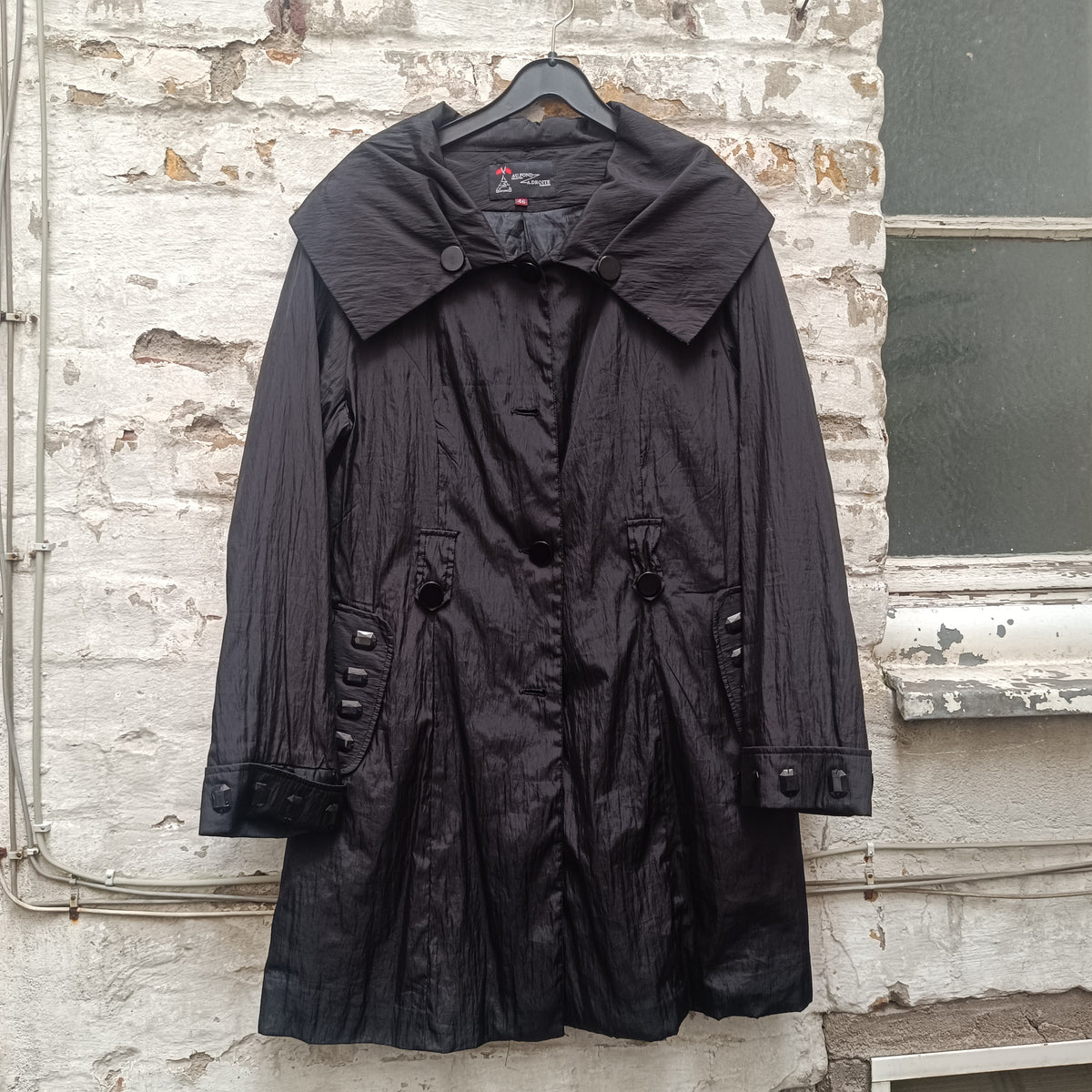 Vintage Black Statement Coat - Avant Garde Gem Cuffed Jacket - L