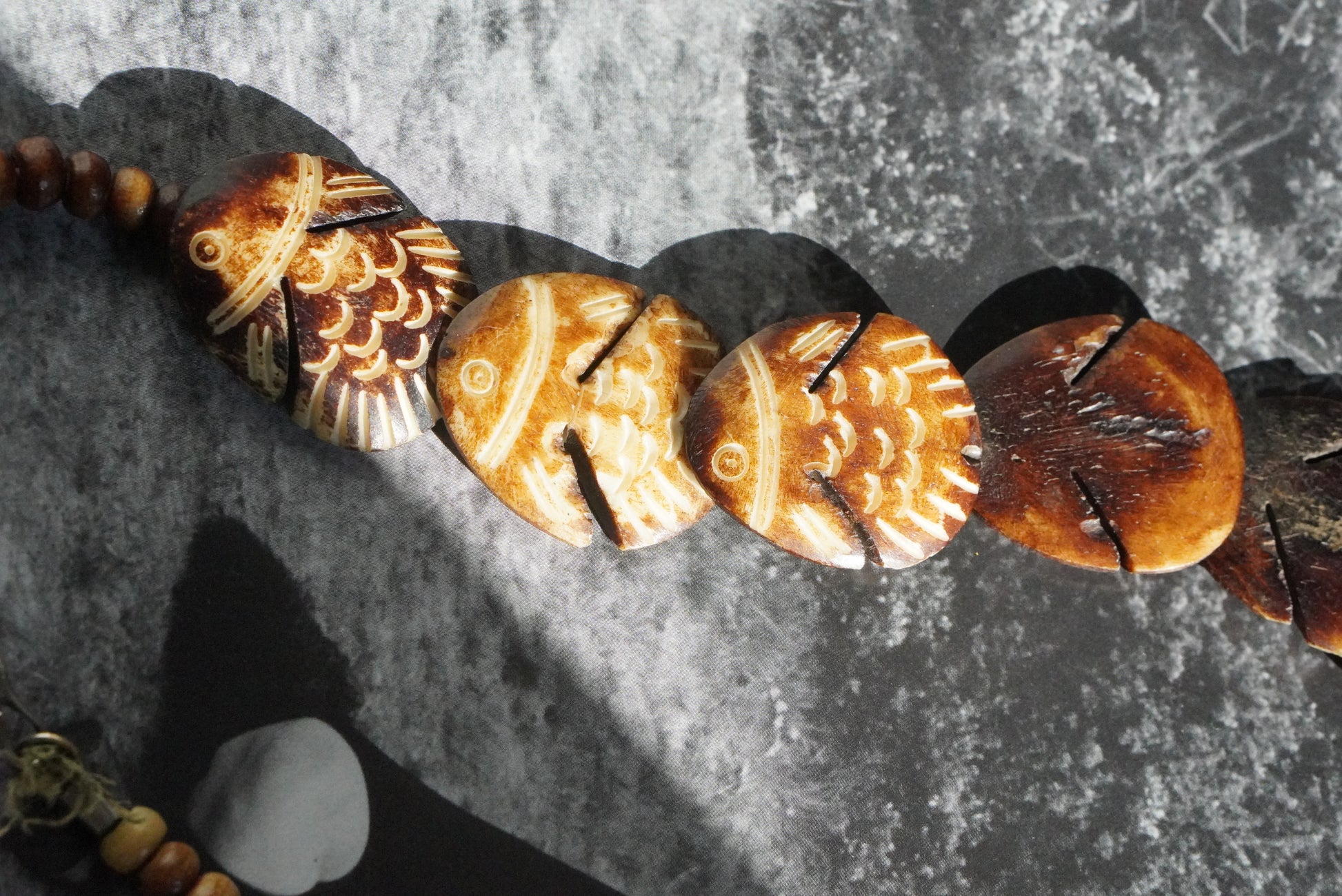 Vintage Carved Fish Necklace | Boho Brown Coconut Shell Tiki Jewelry
