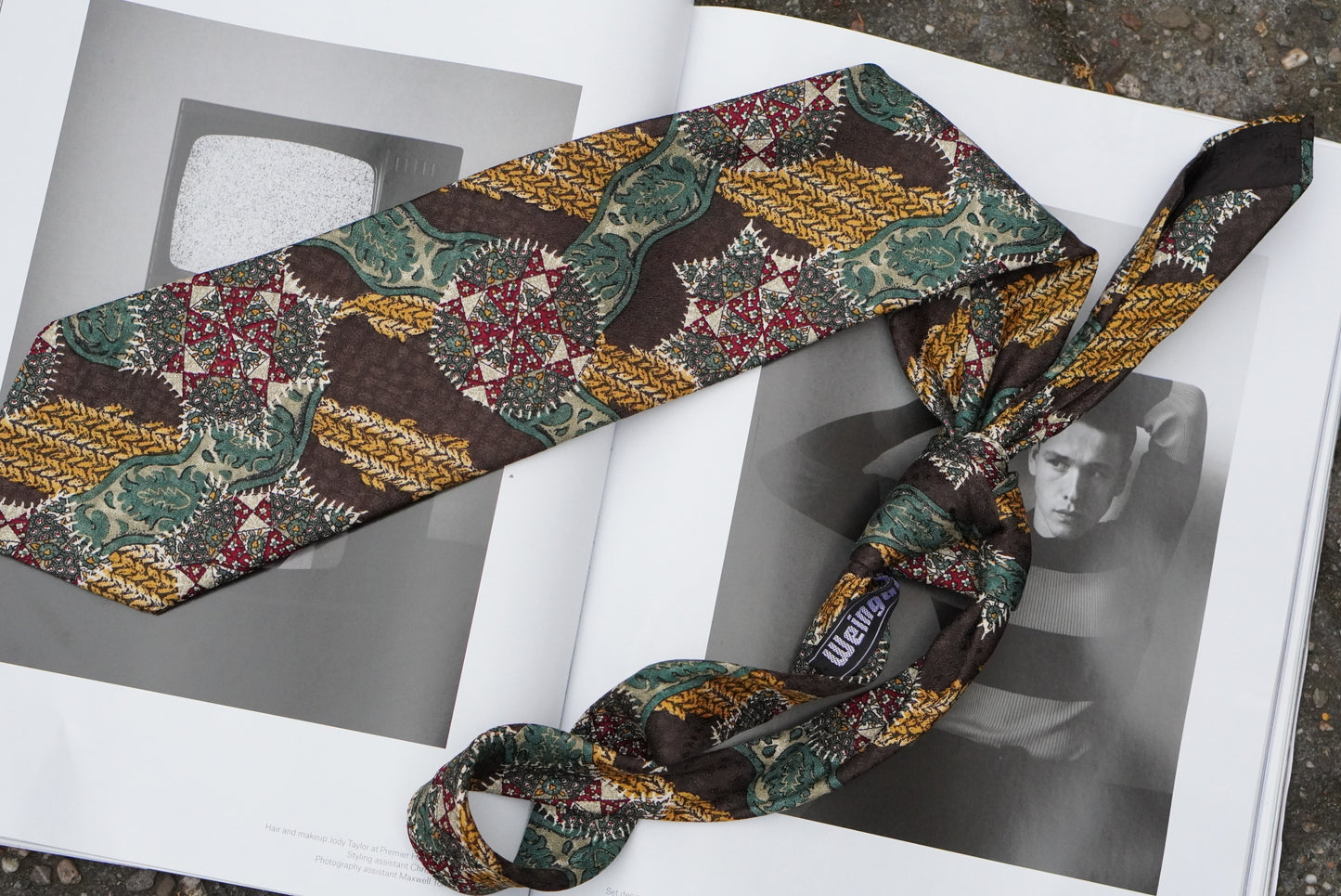 Alpi Vintage 1980s Silk Tie Brown Green Gold Geometric Abstract Mens Necktie
