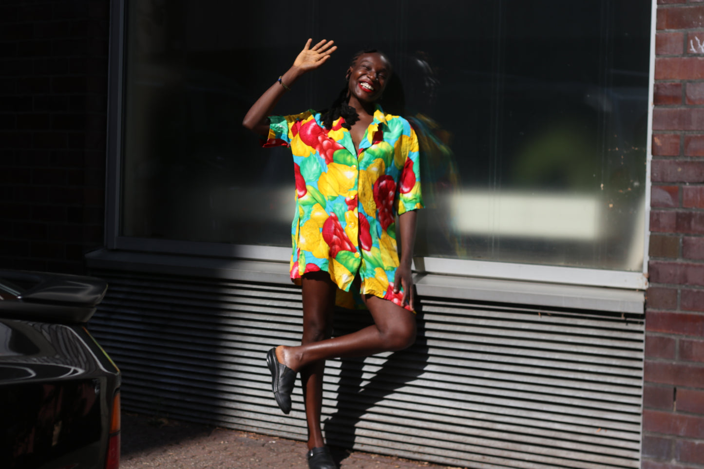 Vintage 90s Fruit Print Shirt Dress - Vibrant Oversized Summer Tunic