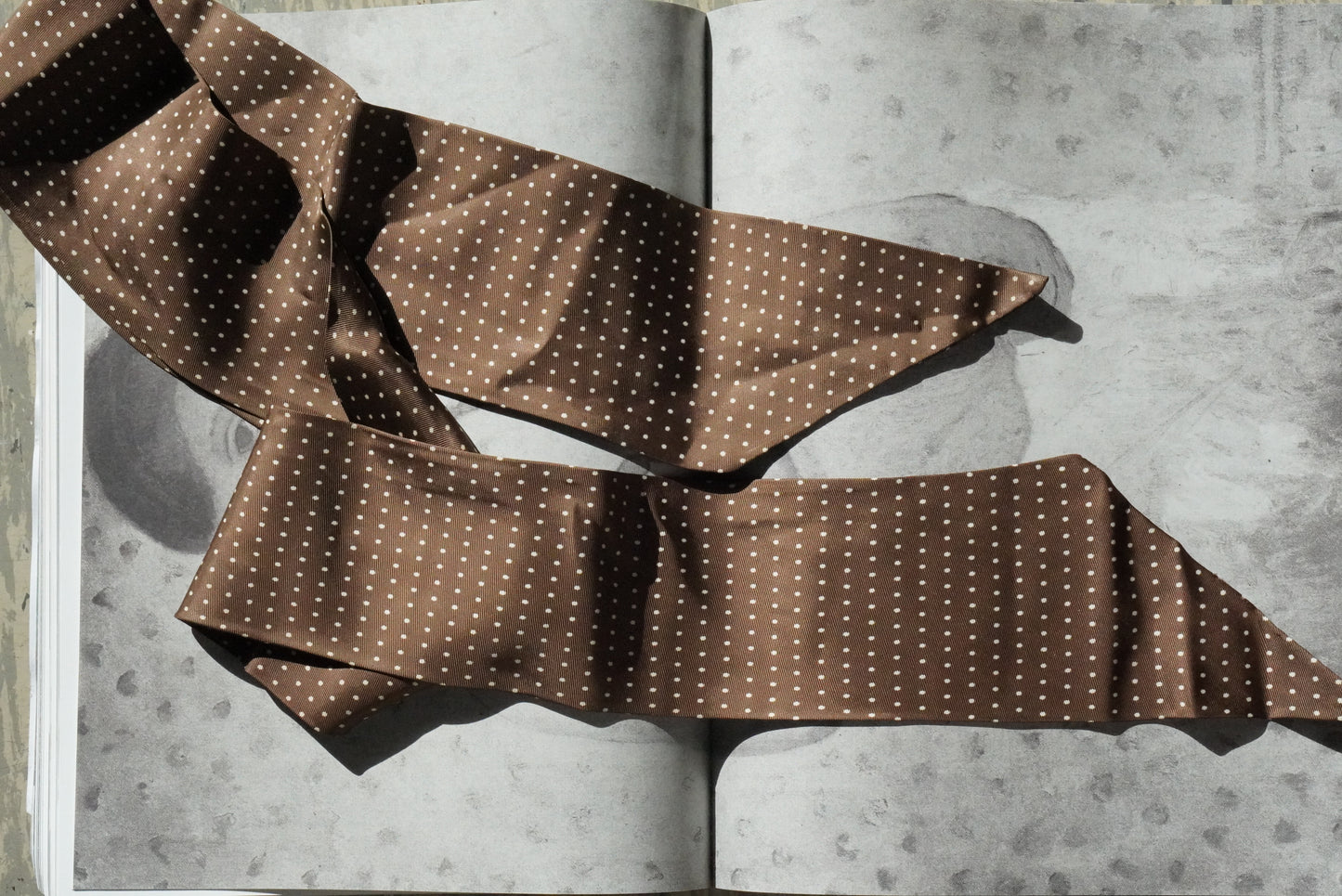 Vintage Brown Polka Dot Silk Scarf Neck Tie Ribbon Pussy Bow Hair Band Headband