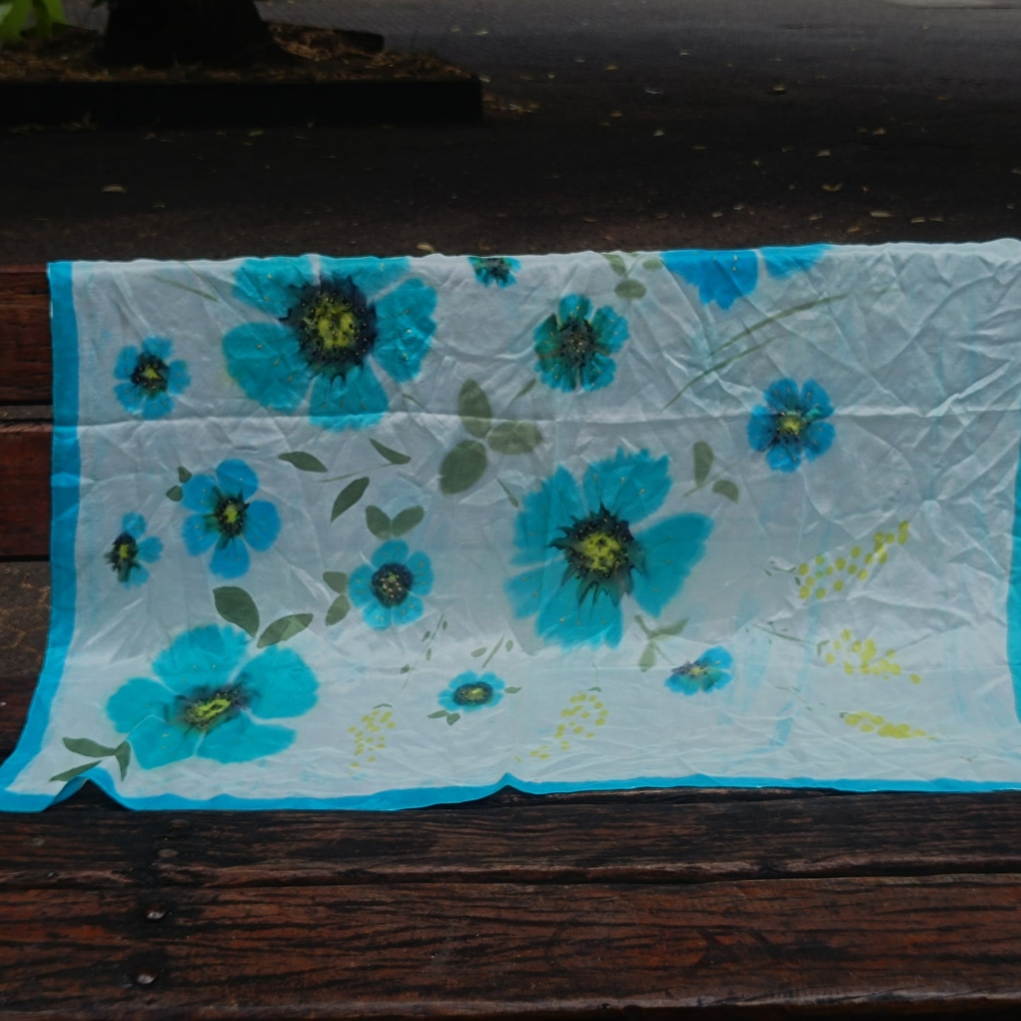 Vintage Hand Painted Silk Scarf - 90s Turquoise Floral Shawl