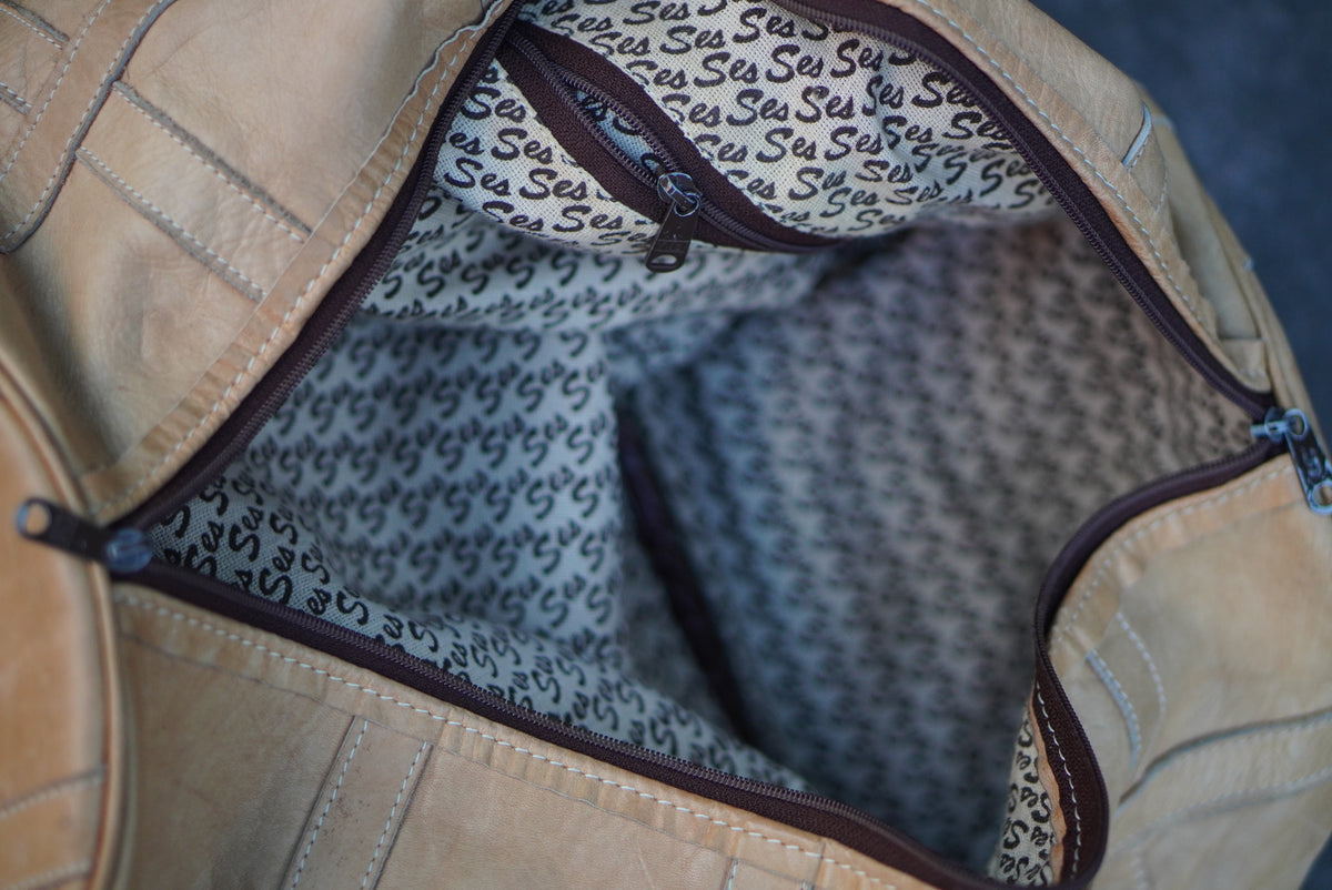 Vintage Patchwork Leather Duffle Bag - 1970s Tan Travel Holdall
