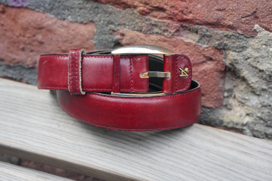 Red Leather Belt with Gold Buckle