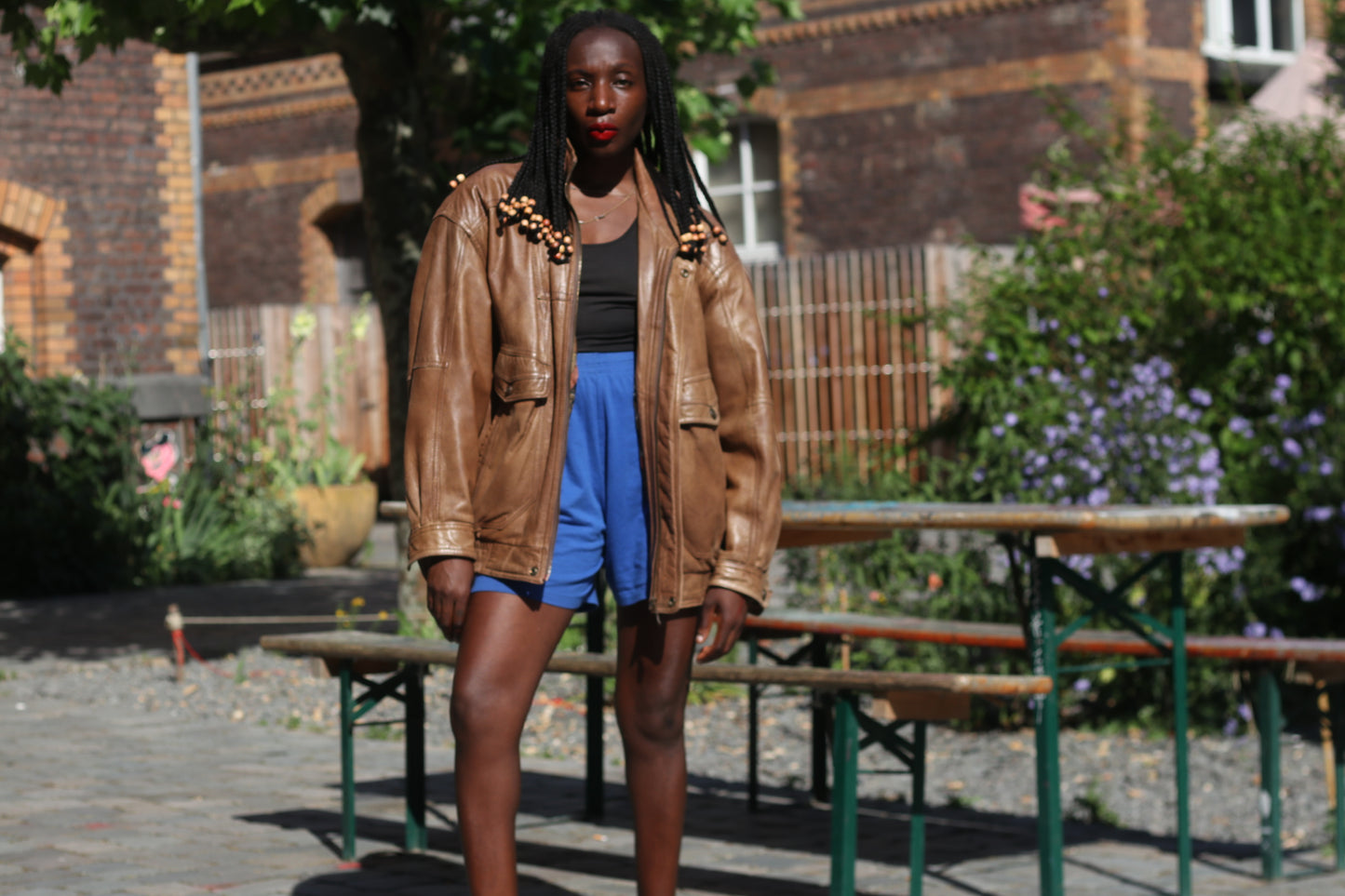 Vintage 1980s Brown Leather Bomber Jacket abstract patterned lining oversized M