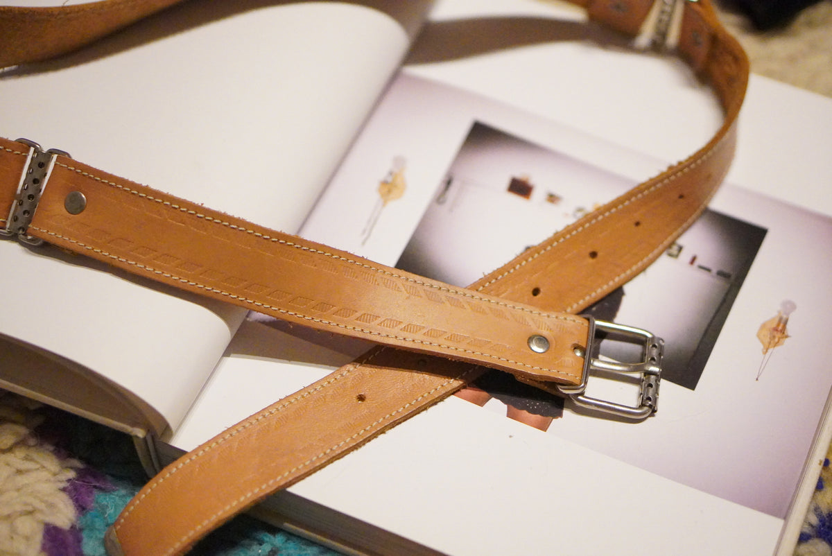 Vintage Brown Leather Belt | 70s Boho Tan Brown Embossed Detailed Belt