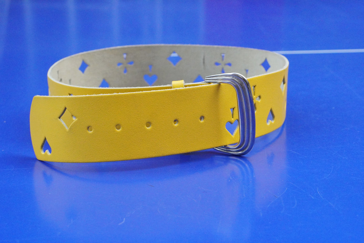 Vintage 90s Yellow Leather Belt - Playing Card Suit Cutouts