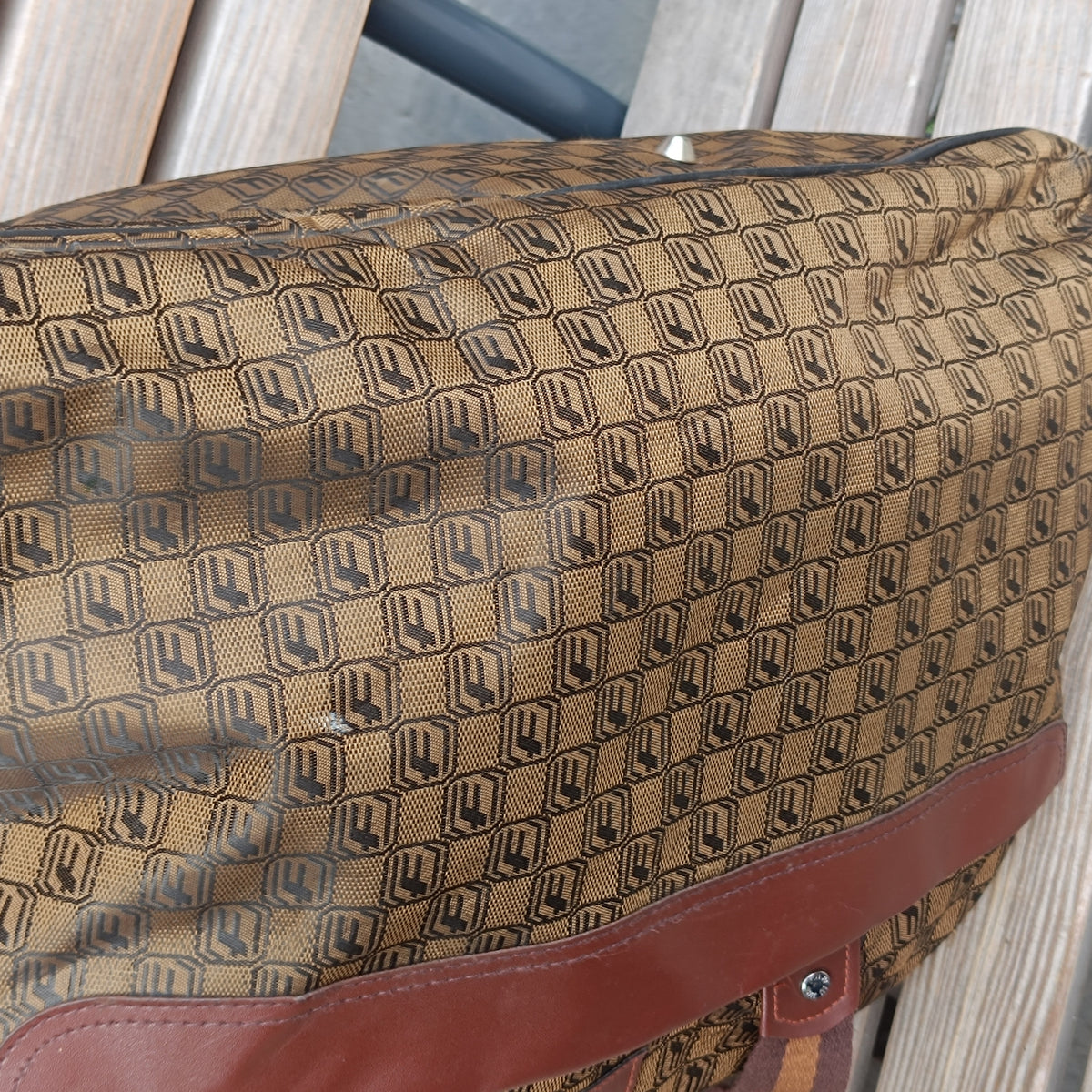 Vintage Monogram Duffle Bag - Retro Brown Geometric Travel Bag - Unisex Weekender