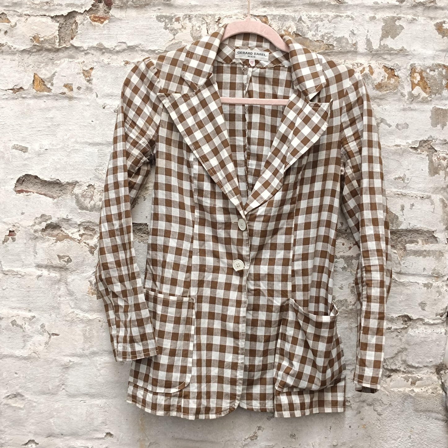 Gingham Blazer Jacket | Vintage French Brown White | Fits XS S