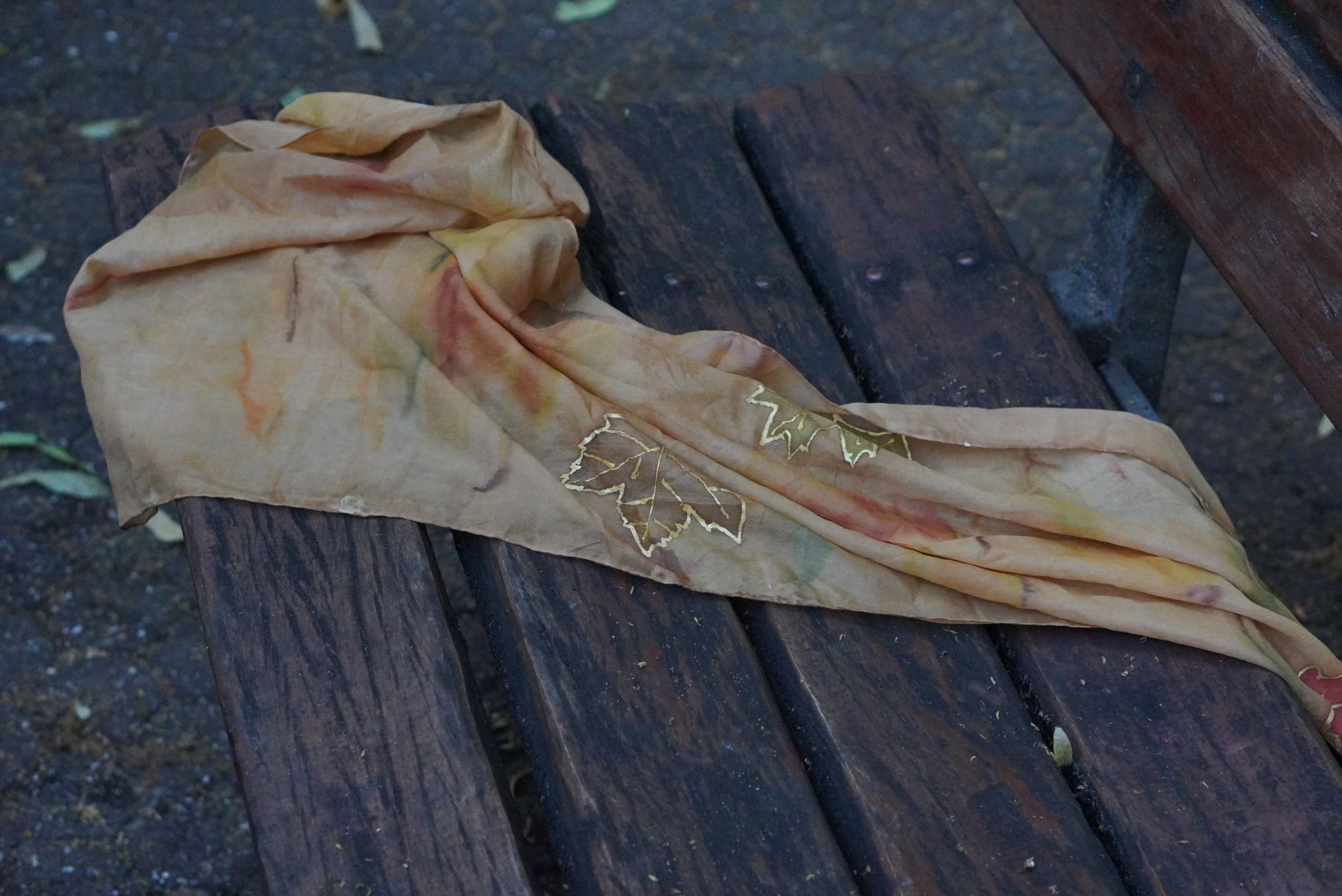 Vintage Silk Scarf Hand Painted Earthy Autumn Maple Leaf Silk Neck Scarf Brown 90s