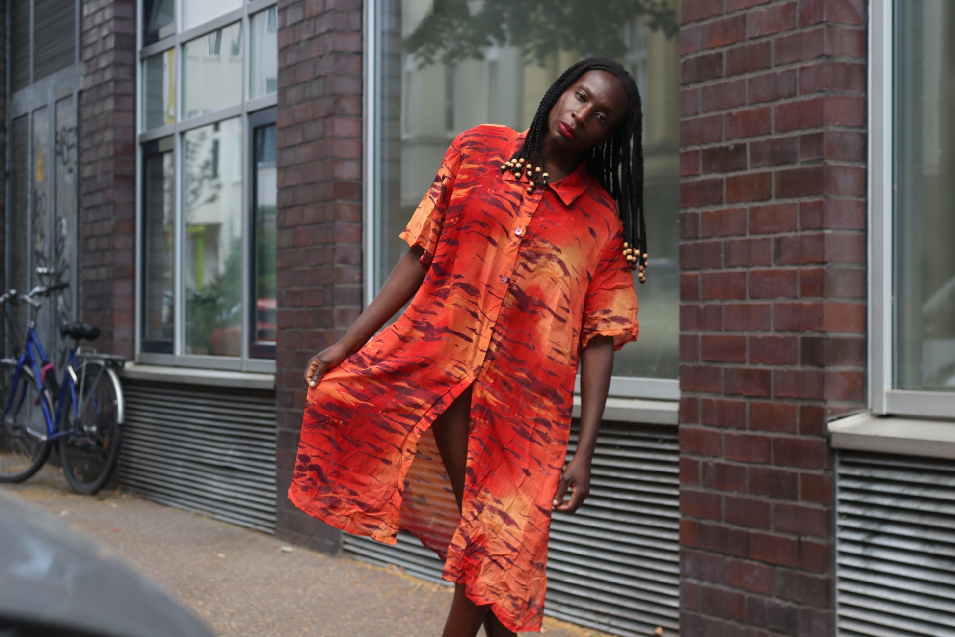 Vintage 90s Abstract Print Viscose Shirt Dress in Orange & Red