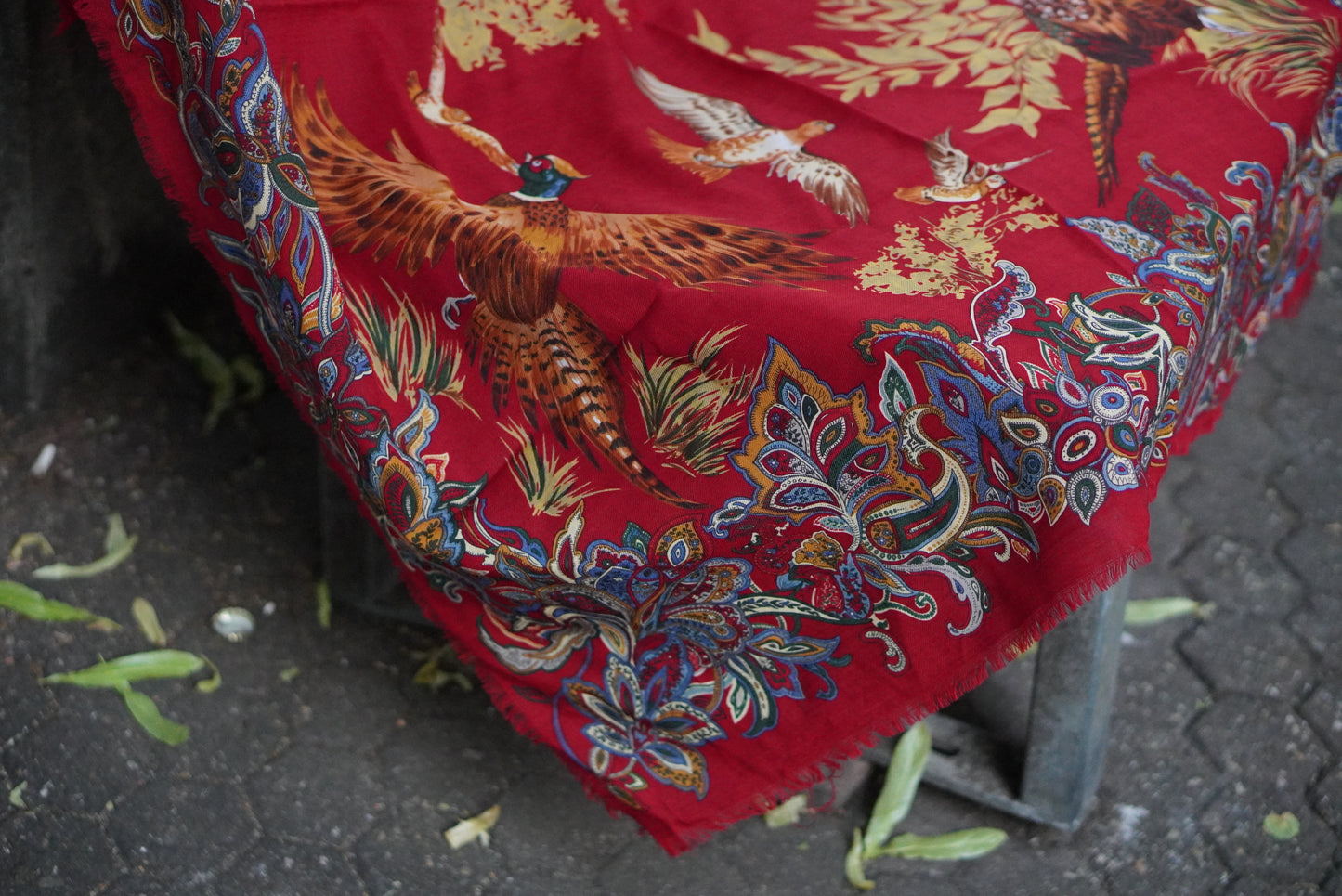 Vintage Red Wool Scarf Paisley Pheasant Shawl 1980s Folk Fringe Wrap Square Large