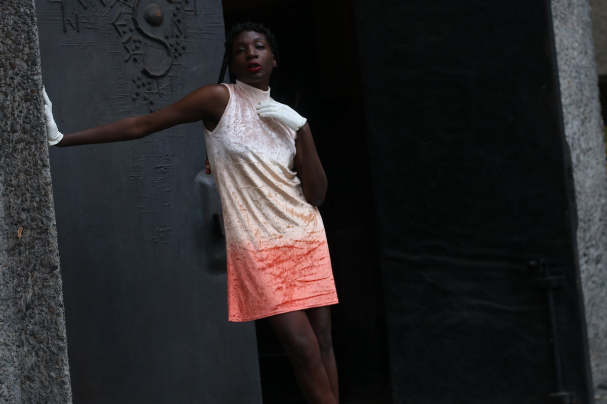 Vintage Ombre Velvet Mini Dress - 90s Peach Mock Neck Shift XS S