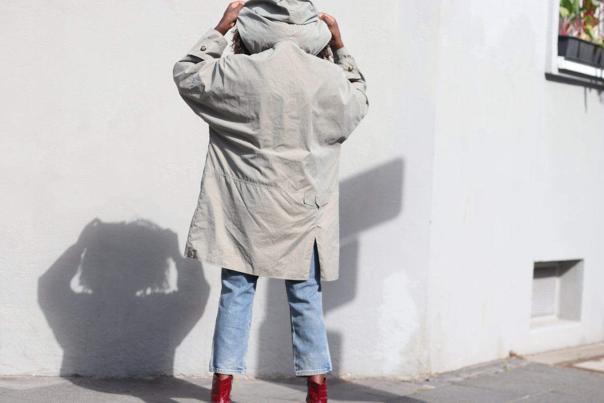 Trench Coat 80s Vintage Sage Green Hooded Oversized Jacket | L/XL