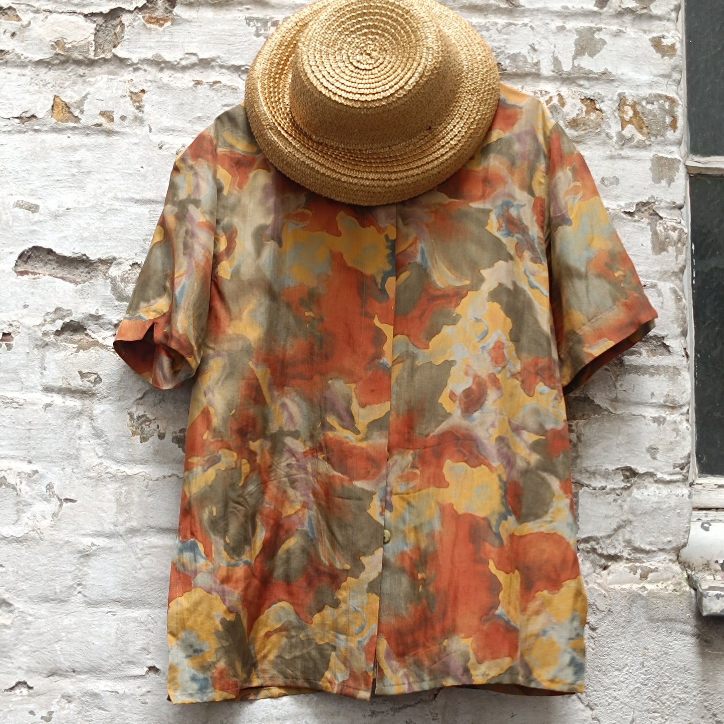 Vintage 1980s Silk Blouse Abstract Earthy Camo Print Short Sleeve Button Up Shirt