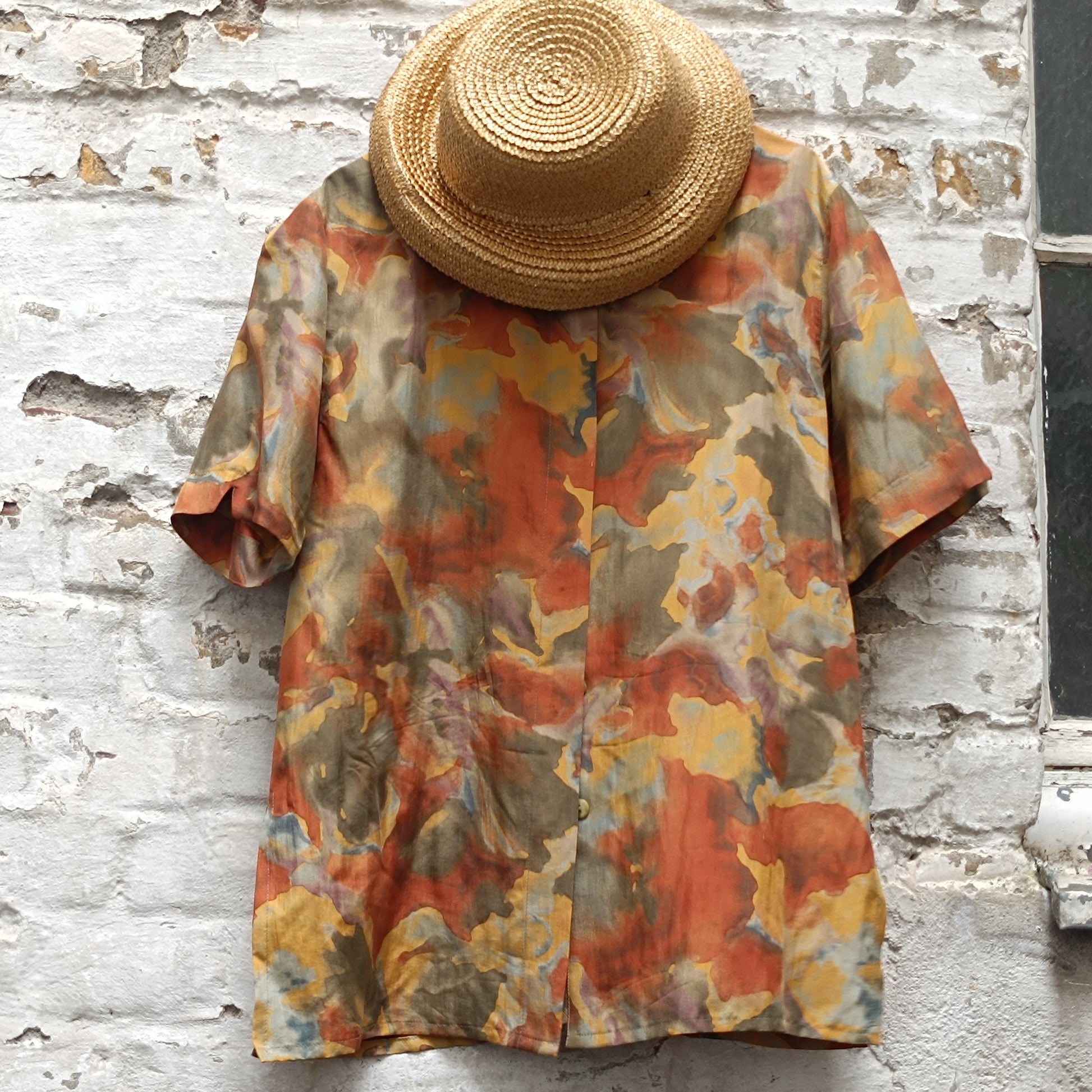Vintage 1980s Silk Blouse Abstract Earthy Camo Print Short Sleeve Button Up Shirt