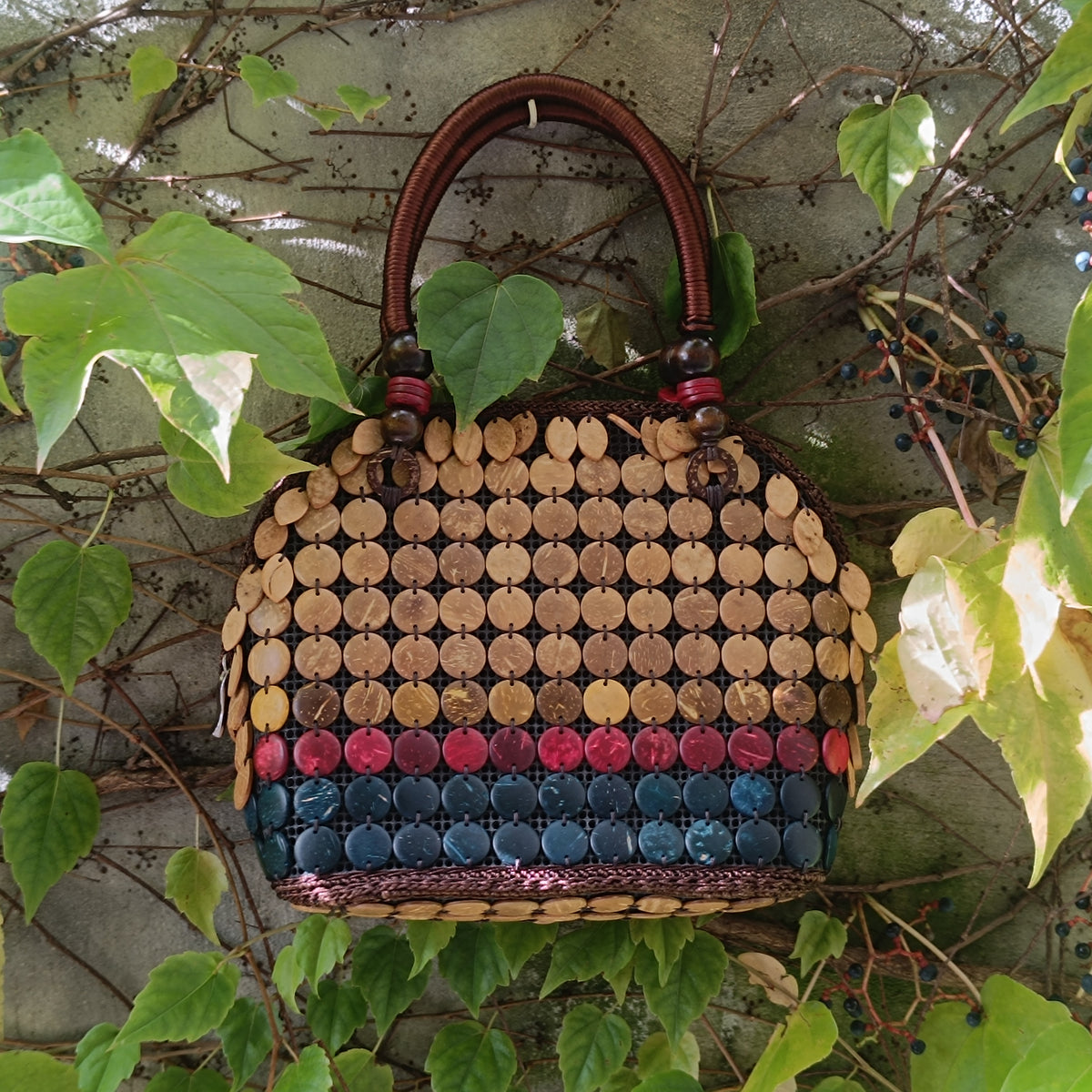 Coconut Shell Bag | Vintage 90s Boho Beaded Handbag | Natural Brown Red