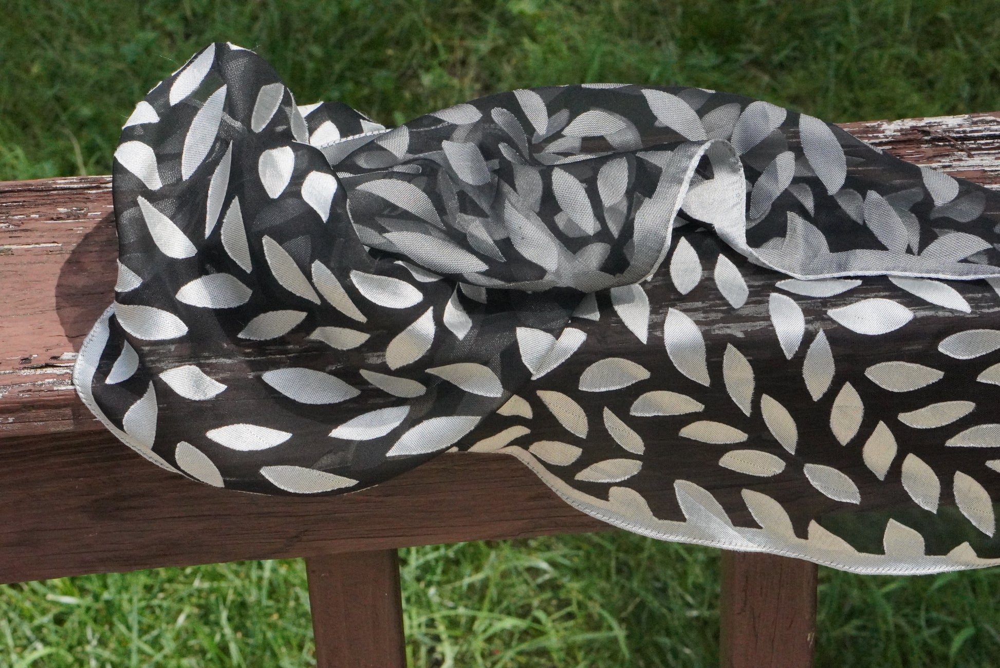 Vintage 90s Sheer Black Silver Leaf Scarf - Metallic Head Scarf