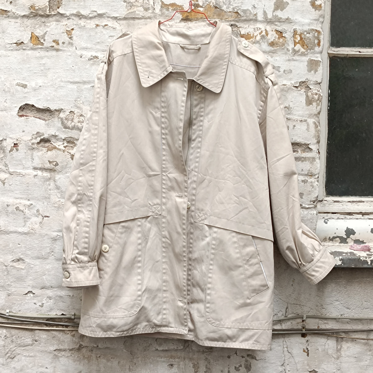 Vintage Beige Trench Jacket | 80s Minimalist Light Coat | S/M