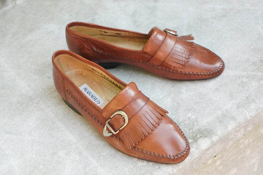 Maraolo Vintage Italian Leather Loafers - Brown Kiltie Fringed Buckle Shoes