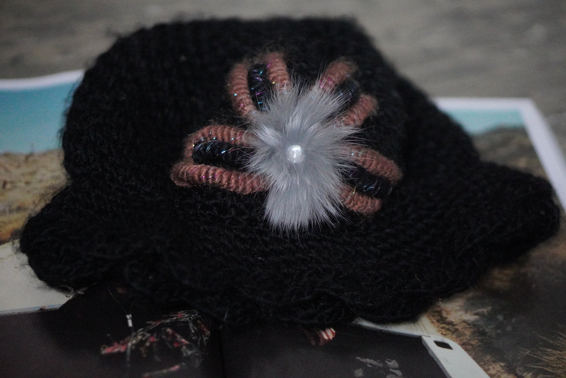 Cloche Hat 1920s Style Black Knit - Floral Fuzzy Accent Winter Hat
