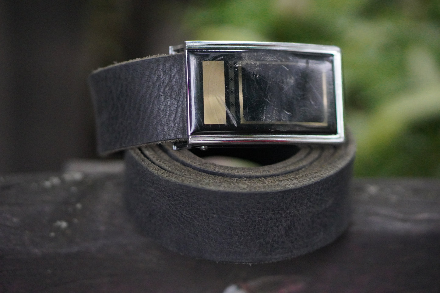 Vintage Leather Belt Black Silver Plaque Buckle Minimalist 1990s Y2K Grunge Unisex