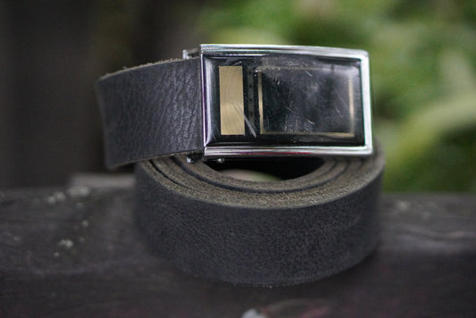 Vintage Leather Belt Black Silver Plaque Buckle Minimalist 1990s Y2K Grunge Unisex
