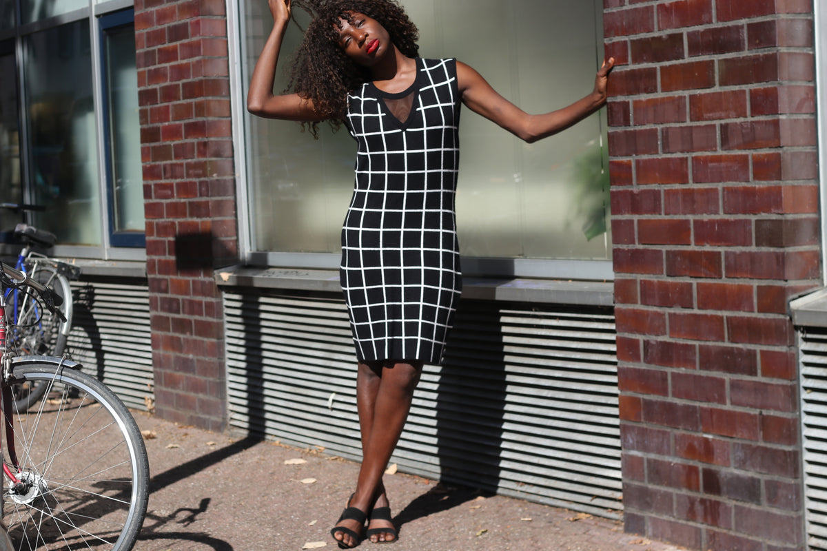Grid Print Knit Dress | Black White Y2k Morgan Du Toi Sleeveless Bodycon